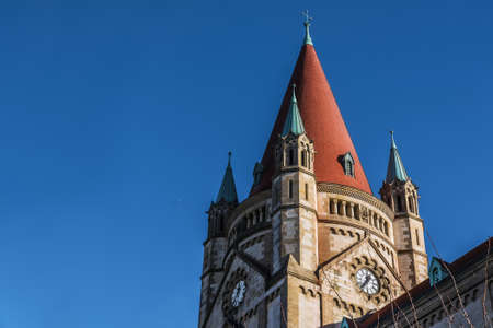 Vienna, Austria - December 27, 2017. St. Francis of Assisi Church, or Emperors Jubilee Church, or Mexico Church, is Basilica-style Catholic church. Facade of Art Nouveau landmark building by day.のeditorial素材
