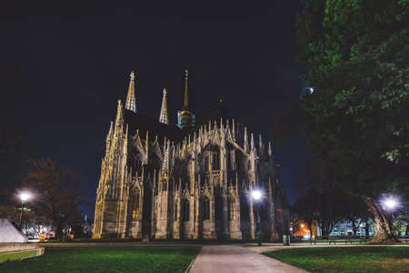 Vienna, Austria - December 25, 2017. Neo - gothic twin tower Votivkirche Illuminated at Night with no people. Facade of gothic Votive church, trees and lampposts at night.のeditorial素材