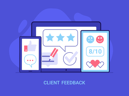 Client positive feedback on social media and internet. Customer satisfaction concept with good reviews and like icons. Excellent client service user experience advertising illustration.のイラスト素材