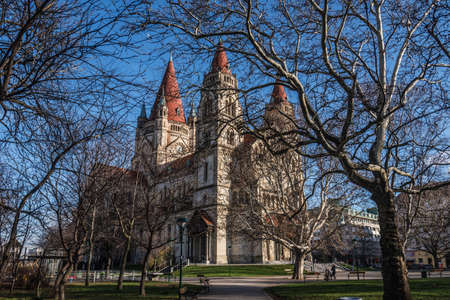 Vienna, Austria - December 27, 2017. St. Francis of Assisi Church, or Emperors Jubilee Church, or Mexico Church, is Basilica-style Catholic church. Facade of Art Nouveau landmark building by day.のeditorial素材