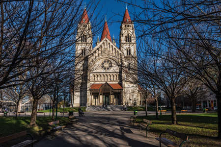 Vienna, Austria - December 27, 2017. St. Francis of Assisi Church, or Emperors Jubilee Church, or Mexico Church, is Basilica-style Catholic church. Facade of Art Nouveau landmark building by day.のeditorial素材
