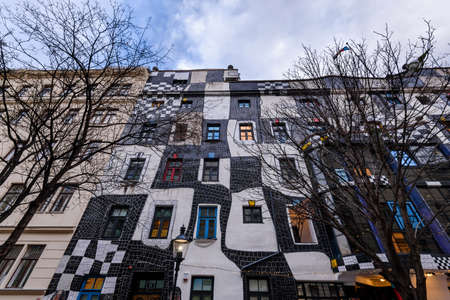 Vienna, Austria - December 27, 2017. Facade of Kunst Haus Wien museum in Landstrasse district, designed by Friedensreich Hundertwasser. Building decorated with enamelled colorful checkerboard mosaics.のeditorial素材