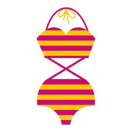 Woman retro bathing suit with stripes. Girl summer swimsuit in yellow and purple color. Women beach bikini icon. Pinup swimwear.の写真素材