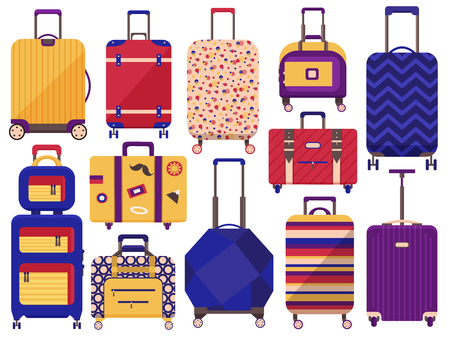 Carry on luggage, travel bags and baggage for trips collection. Colored cartoon printed suitcases. Wheeled spinner bags with handles and handbags for journey and vacation icons.の写真素材