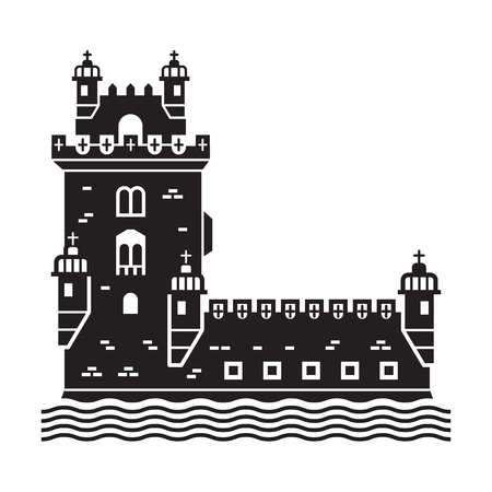 Travel Lisbon landmark logo. Belem tower icon. Portugal sea fortress silhouette logotype in outline design.の写真素材