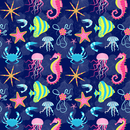 Coral reef fauna pattern with tropical starfishes, jellyfishes, crab, angelfish and seahorse. Ocean underwater animals, seamless background with exotic sea life for prints, fabric and wrapping paper.の写真素材