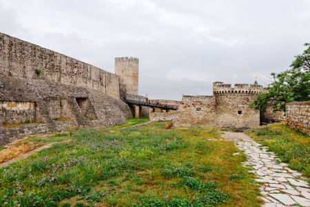 Belgrade, Serbia - June 16, 2018. Belgrade fortress Kalemegdan with stone towers, and fortification walls. Serbian medieval citadel with grass and flowers - popular landmark of Upper and Lower town.のeditorial素材