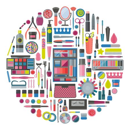 Make up and manicure tools print. Beauty products and makeup kit for home and salon treatment. Cosmetic stuff and accessories with mascara, brushes, palette, lipstick and eyeliner in circle shape.の写真素材