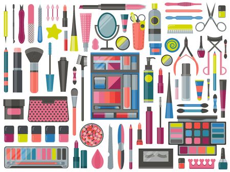 Make up and manicure tools icon set. Beauty products and makeup kit for home and salon treatment. Cosmetic stuff and accessories with palette, mascara, brushes, mirror, lipstick, sponges and eyeliner.の写真素材
