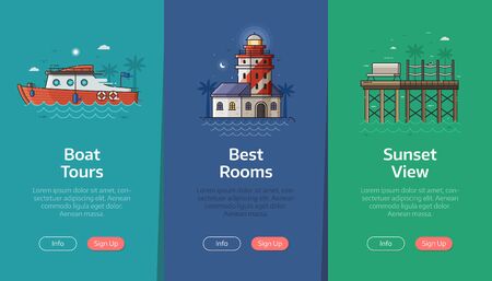 Sea vacation vertical banners for beach resort application. Summer traveling agency onboarding UI screens. Adventure on seaside coast scenes with boat, red lighthouse and ocean view spot.の写真素材