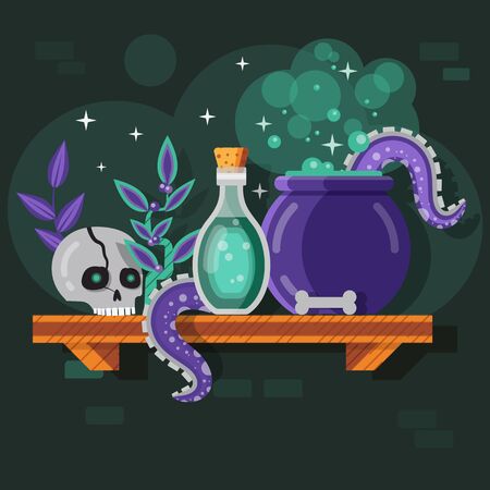 Magic Potion Bottle and Boiling Cauldron Sceneのイラスト素材
