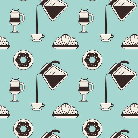 Coffee pattern with coffee cups, croissants, doughnuts and pots on light blue background. Seamless background with pastry, coffeehouse and cafe elements for prints, fabric and gift wrapping paper.のイラスト素材