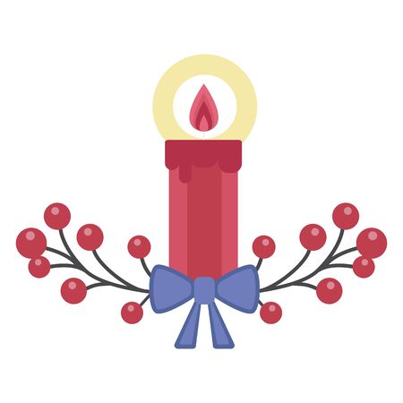 Christmas candle decorated with blue bow and red winter berries. Xmas light traditional symbol icon.のイラスト素材
