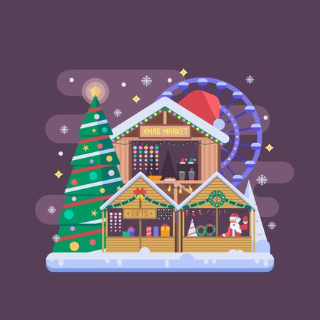 Christmas Market Wooden Stalls on Xmas Fairのイラスト素材