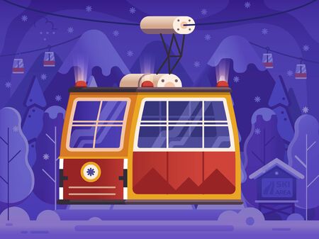 Mountain ski resort landscape with cable way on snowy forest background. Red cable car in flat design. Electric ski lift or gondola concept scene in gradient style. Winter funicular illustration.のイラスト素材