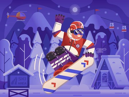 Smiling cross country snowboarder jumping on snowy ski resort background. Freeride snowboard man character in motion concept scene. Mountain freestyle skier jump on snow hill.のイラスト素材