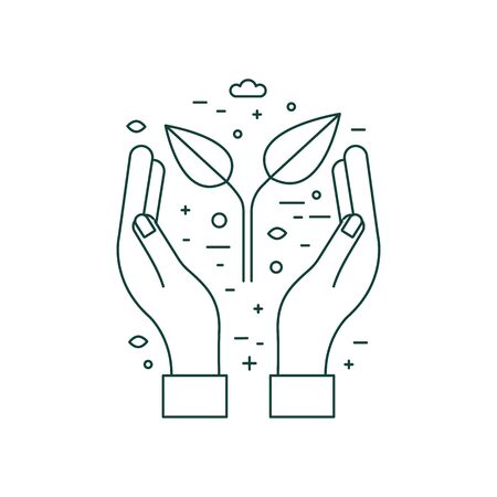 Hands Holding Plant Earth Saving Line Iconのイラスト素材