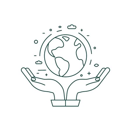 Hands Holding Planet Earth Icon in Line Artのイラスト素材