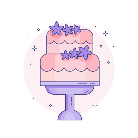 Wedding cake with flowers icon in line art. Traditional cake for marriage party, decorated wedding...
