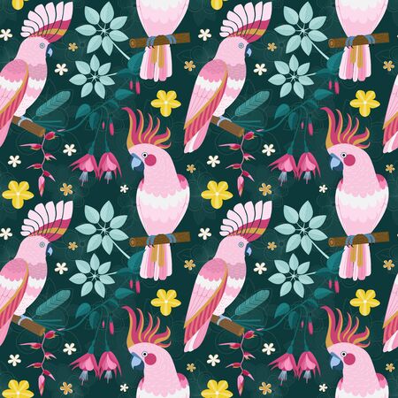 Flat Pink Parrots and Exotic Flowers Patternのイラスト素材