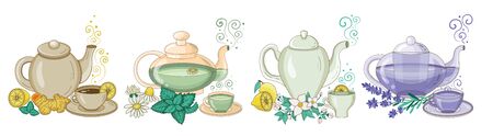 Organic Herbal Tea in Cups and Teapotsのイラスト素材