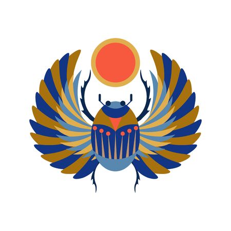 Egyptian Scarab Beetle Holding Sun Illustration in Flatのイラスト素材