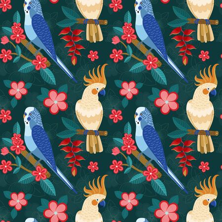 Flat Pattern with Exotic Parrots and Flowersの写真素材