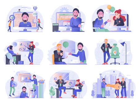 Job search and apply illustrations with employee and recruitment team. Hiring and recruiting process steps. Young professional on job hunt and corporation career building business illustrations.のイラスト素材