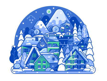 Sleeping Ski Resort by Night Scene in Line Artのイラスト素材
