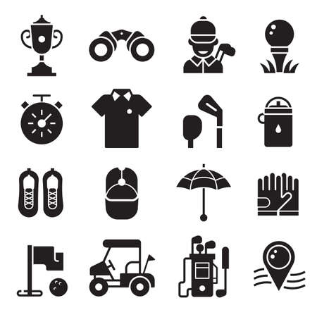 Golf Icons Set in Outline Silhouette Styleのイラスト素材