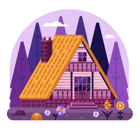 Wooden Chalet House on Forest Areaのイラスト素材