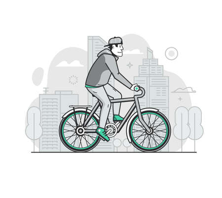 Line Man Riding Bicycle on City Streetのイラスト素材