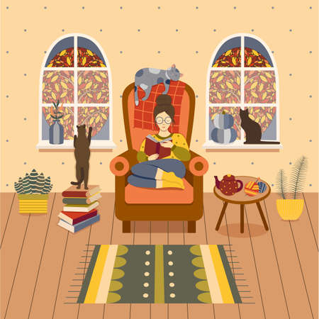 Autumn Girl on Cozy Reading at Homeのイラスト素材