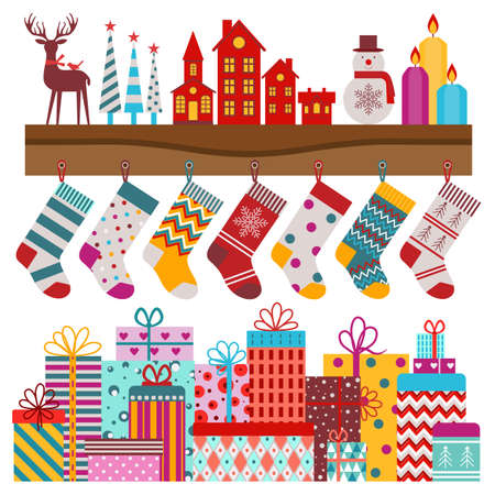 Christmas Shelf with Stocking and Holiday Giftsのイラスト素材