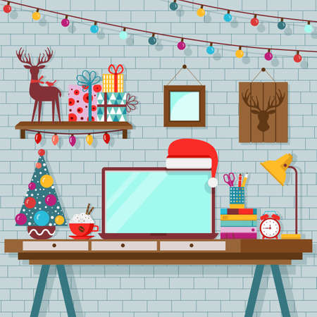 Flat Christmas Festive Office Space with Laptopのイラスト素材