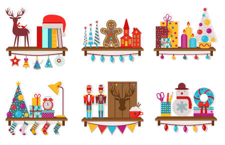 Christmas Shelves with Decoration Toys and Giftsのイラスト素材