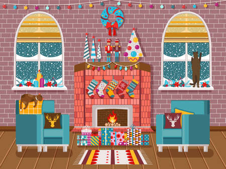 Cozy Christmas Interior with Fireplace and Catsのイラスト素材