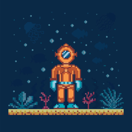Vintage Deep Sea Diver on Seabed Landscapeのイラスト素材