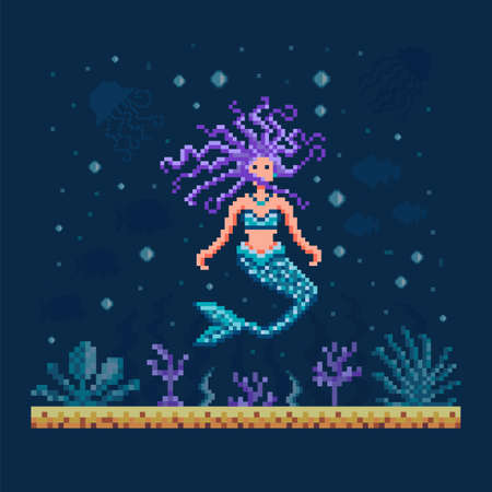 Pixel Art Mermaid on Sea Bottom Landscapeのイラスト素材