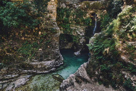 Peshtura Waterfall and Canyon Landscape in Albaniaの写真素材