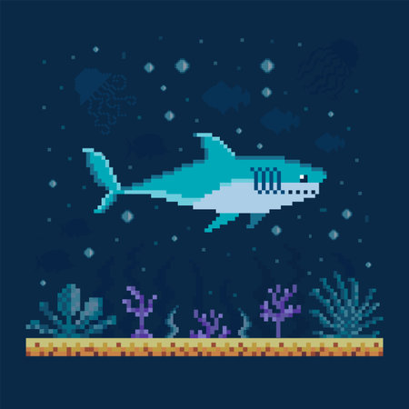 Pixel Art Shark Sails over Seabed Landscapeのイラスト素材