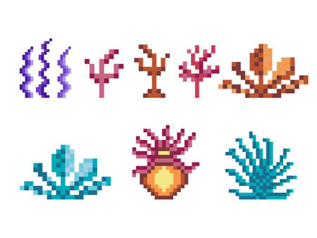 Underwater Plants and Seaweeds in Pixel Artのイラスト素材
