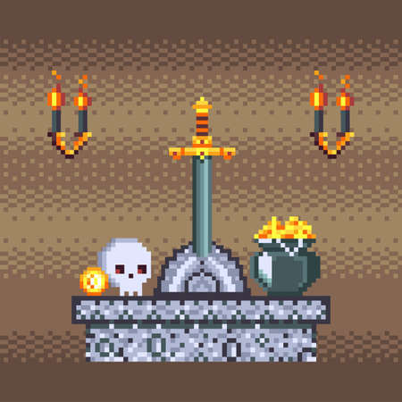 Pixel Art Treasure Pot and Sword in Stoneのイラスト素材