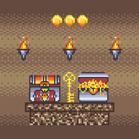Pixel Art Treasure Chests and Key in Dungeonsのイラスト素材