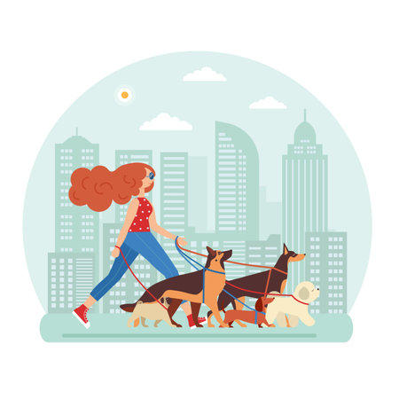 Pet Service Concept with Dog Walker Womanのイラスト素材