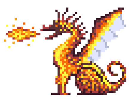 Pixel Art Dragon with Fire Breath for 8 bit Gameのイラスト素材