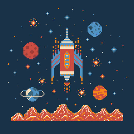 8 bit Pixel Art Rocket in Outer Space