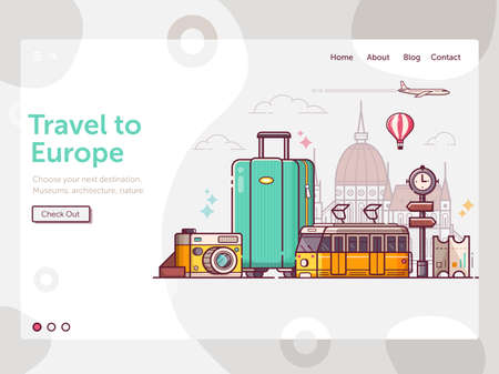 Europe Vacation Travel Banner in Line Artのイラスト素材