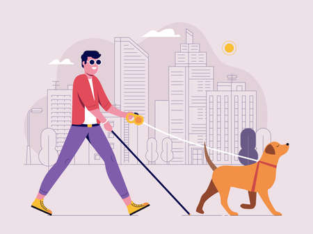 Modern Blind Man Walking with Guide Dogのイラスト素材