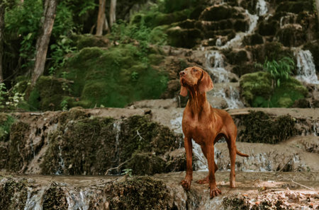 Hungarian Vizsla Dog in Nature by Mountain Waterfall